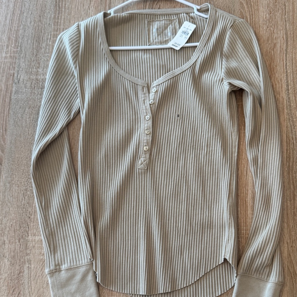 Aerie Beige Ribbed Button Down Shirt